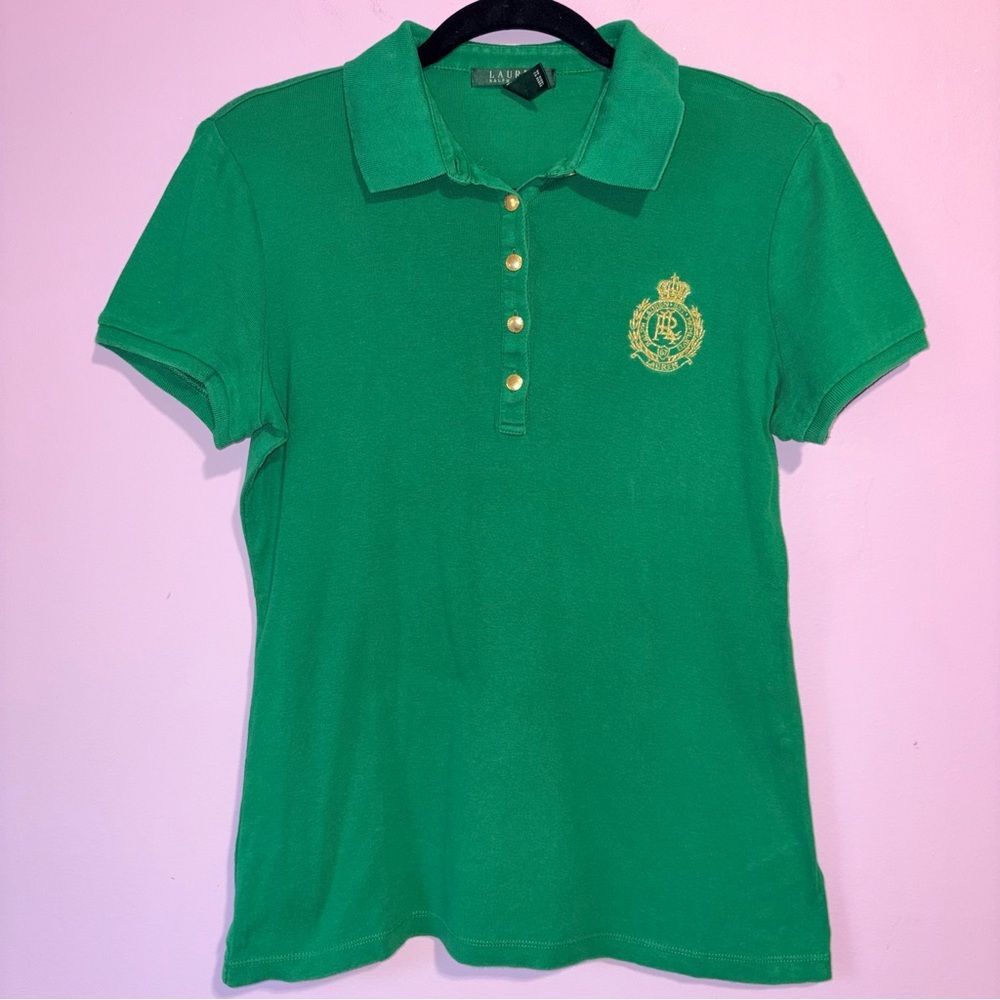 Lauren Ralph Lauren Green Polo Shirt Crest Logo Cotton M Preppy Academia School